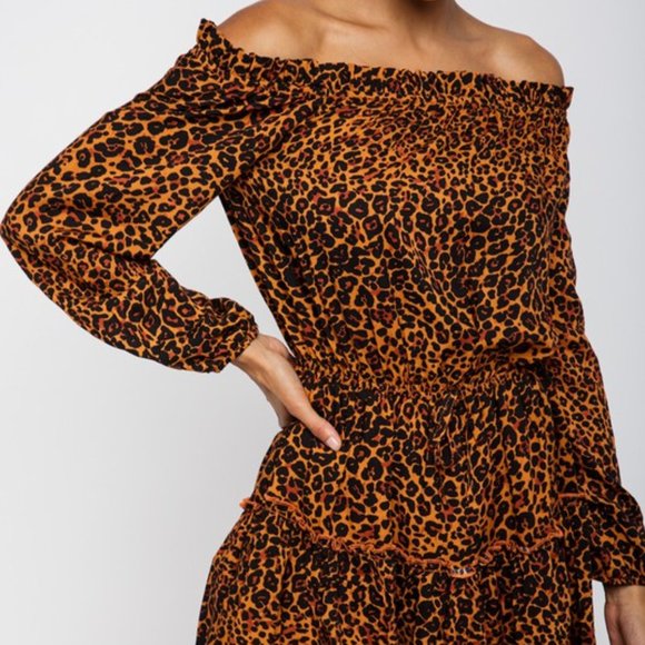 LEOPARD PRINT OFF SHOULDER RUFFLE DRESS - Picture 5 of 9